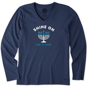 Life Is Good Dark Blue V-Neck Shirt with Menorah Graphic